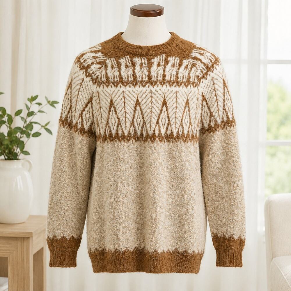 Oxxi Craft Alpaca Sweater Fair Isle Nordic Peru Handmade Brown Cream M/L